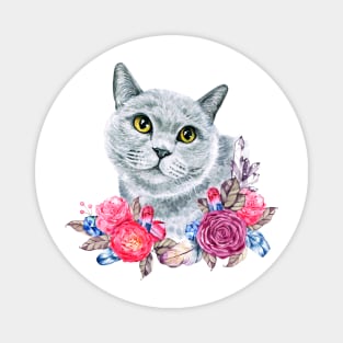 Cute Russian Blue Cat with Roses Watercolor Art Magnet